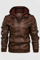 Prendas de abrigo casual sólido patchwork bolsillo cremallera cuello con capucha marrón