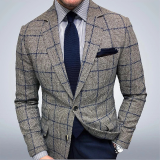 Bruine mode casual geruite patchwork gesp met omslagkraag bovenkleding
