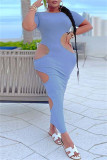 Blauwe mode sexy effen uitgeholde O-hals jurk met korte mouwen