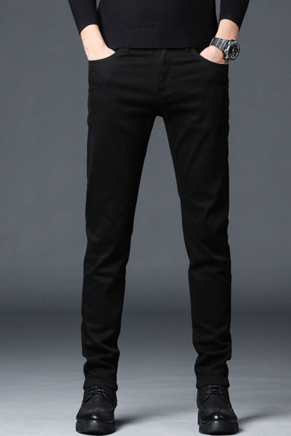 Pantalones negros casuales de parches lisos rectos de cintura media rectos de color sólido