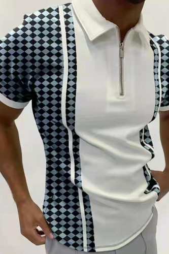 White Blue Fashion Casual Plaid Patchwork Zipper POLO collar Tops