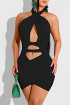 Черное модное сексуальное однотонное платье без рукавов с открытой спиной и лямкой на шее