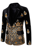Black Fashion Embroidery Patchwork Buttons Turn-back Collar Outerwear