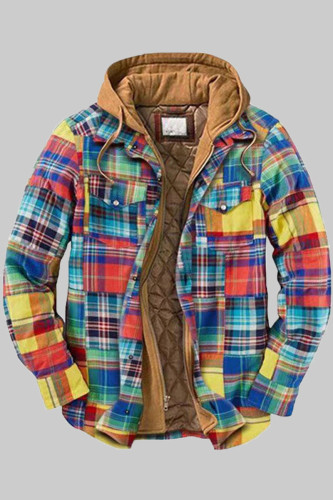 Multicolor Fashion Casual Plaid Split Joint Hooded Collar Outerwear
