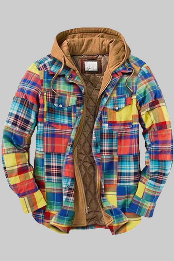 Vêtements d'extérieur multicolores à col à capuche et patchwork à carreaux décontractés