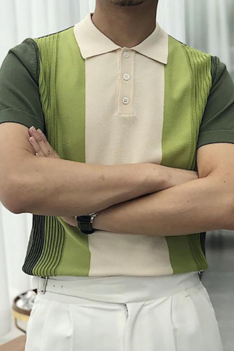 Green Fashion Casual Color Block Turndown Collar Tops