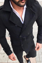 Prendas de abrigo con hebilla de bolsillo sólido informal de moda negra con cinturón y cuello vuelto