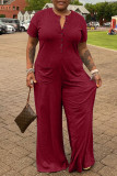 Burgundy Fashion Casual Solid Patchwork V Neck Plus Size Jumpsuits