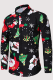 Black Green Fashion Casual Wapiti Christmas Tree Printed Patchwork Buckle Turndown Collar Tops