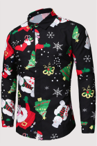 Multicolor Fashion Casual Wapiti Christmas Tree Printed Patchwork Buckle Turndown Collar Tops