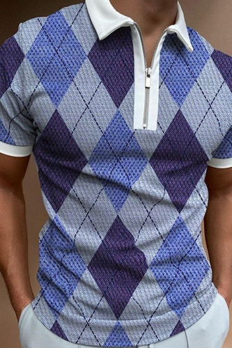 Blue Purple Fashion Casual Plaid Patchwork Zipper POLO collar Tops