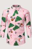 Black Casual Street Santa Claus Christmas Tree Printed Buckle Turndown Collar Tops