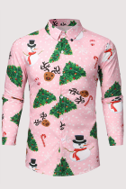 Top casual con colletto alla rovescia con fibbia stampata albero di Natale di Babbo Natale rosa casual