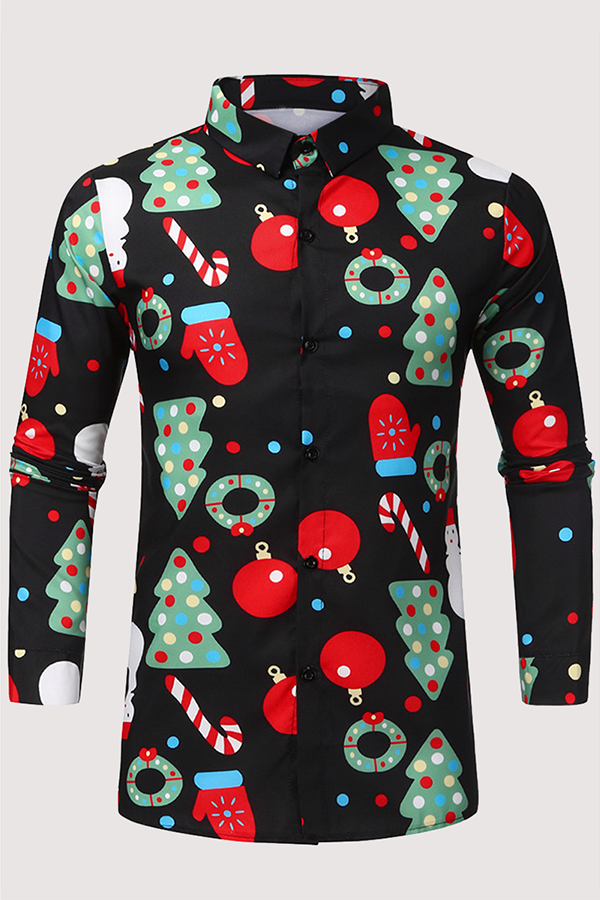 Black Fashion Street Christmas Tree Printed Snowman Printed Patchwork Buckle Turndown Collar Tops