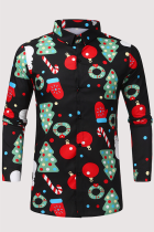 Zwarte mode straat kerstboom bedrukte sneeuwpop bedrukte patchwork gesp kraag tops