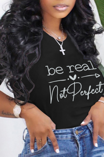 Black Fashion Casual Letter Print Basic O Neck T-Shirts