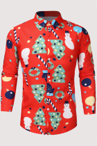 Red Fashion Street Christmas Tree Printed Snowman Printed Patchwork Buckle Turndown Collar Tops