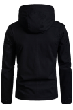 Black Fashion Casual Solid Draw String Buckle Hooded Collar Outerwear