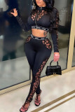 Black Sexy Print Patchwork See-through Zipper Collar Long Sleeve Two Pieces