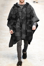 Svart grått Mode Casual Print Patchwork Ytterkläder med huva
