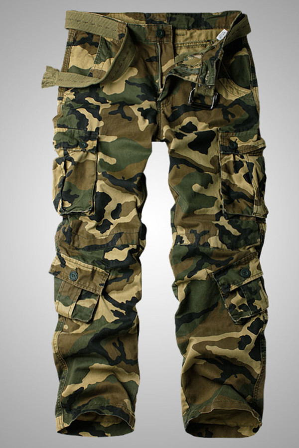 Camouflage Casual Solid Patchwork Pocket Rak Rak Solid Color Byxor