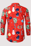 Red White Fashion Street Christmas Tree Printed Snowman Printed Patchwork Buckle Turndown Collar Tops