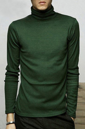 Tinta verde casual sólido patchwork blusas de gola alta