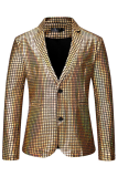 Gold Fashion Street Plaid Bronzing Patchwork Buckle Turn-back Collar Outerwear