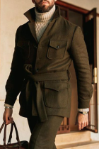 アーミーグリーンファッションカジュアルソリッドポケットベルト付きマンダリンカラーアウター