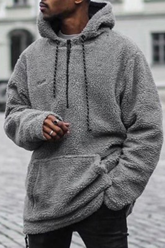 Grijze Mode Britse Stijl Solide Trekkoord Pocket Hooded Kraag Tops
