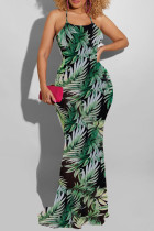 Green Fashion Sexy Print Backless Cross Straps Spaghetti Strap Long Dress Dresses