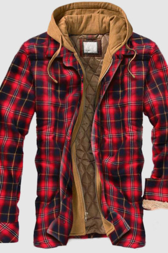 Red Casual Plaid Print Patchwork Buckle Zipper Hooded Collar Outerwear