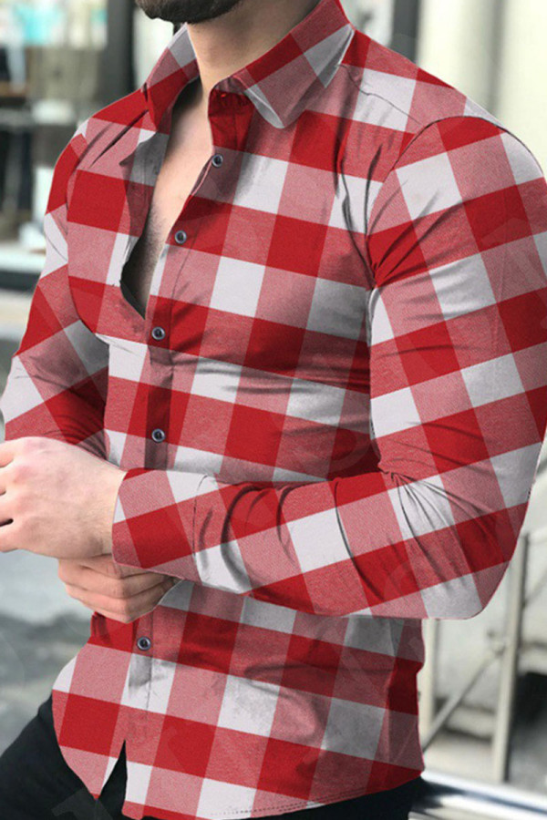 Top colletto rovesciato con fibbia patchwork stampa casual scozzese moda rosso pallido