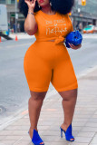 オレンジファッションカジュアルプリントベーシックOネックプラスサイズツーピース