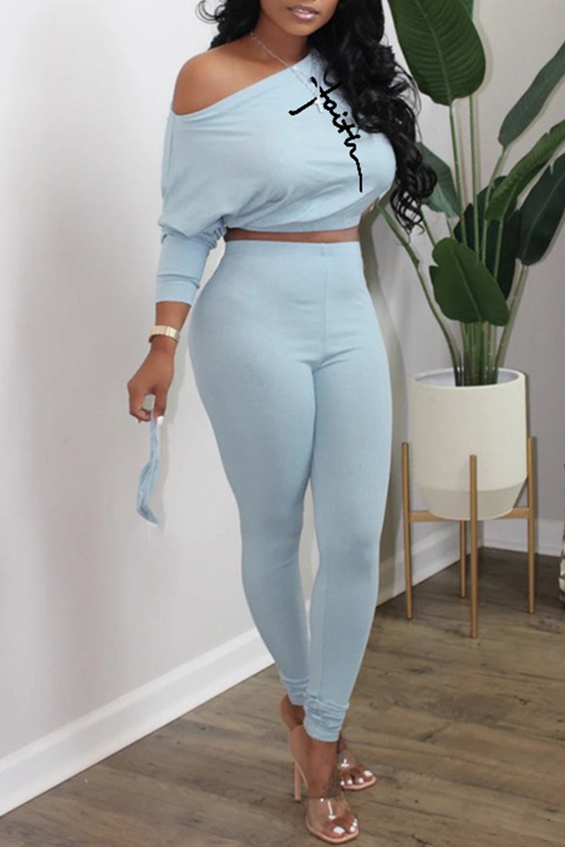 

Light Blue Fashion Casual Print Basic Oblique Collar Long Sleeve Two Pieces