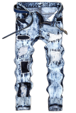 Baby Blue Street Patchwork Ripped Make Old Mid Waist Bottoms (Without Belt)