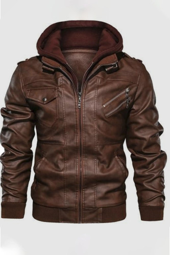 Brown Casual Street Solid Patchwork Pocket Zipper Hooded Collar Outerwear