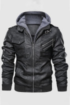 Black Casual Solid Patchwork Pocket Zipper Hooded Collar Outerwear