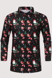 Black Fashion Street Christmas Tree Printed Snowman Printed Patchwork Buckle Turndown Collar Tops