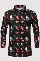 Multicolor Fashion Street Christmas Tree Printed Snowman Printed Patchwork Buckle Turndown Collar Tops