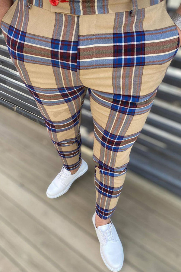 Khaki Fashion Casual Plaid Patchwork Mid Waist Pencil Bottoms