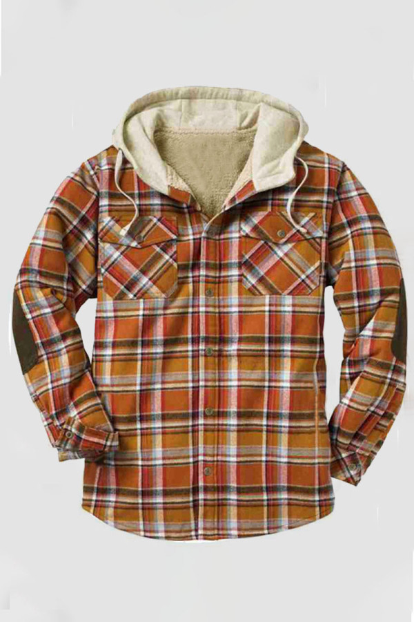 Orange Casual Plaid Print Patchwork Buckle Hooded Collar Outerwear