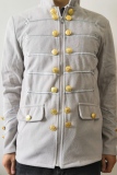 Dark Gray Casual Patchwork Buttons Mandarin Collar Outerwear