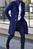 Prendas de abrigo de cuello mandarín con hebilla de bolsillo sólido informal azul