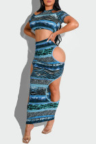 Синий модный сексуальный принт с круглым вырезом и коротким рукавом из двух частей