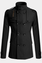 Black Fashion Casual Patchwork Buckle Zipper Mandarin Collar Outerwear