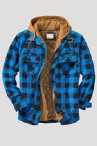 Prendas de abrigo cuello con capucha y bolsillo a cuadros casual de moda azul