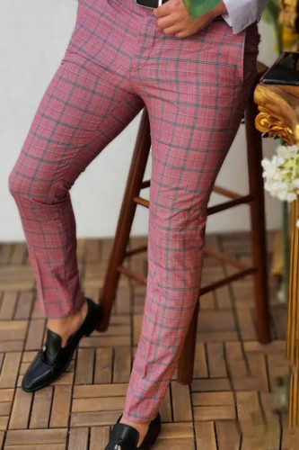 Red Fashion Casual Plaid Split Joint Mid Waist Pencil Bottoms