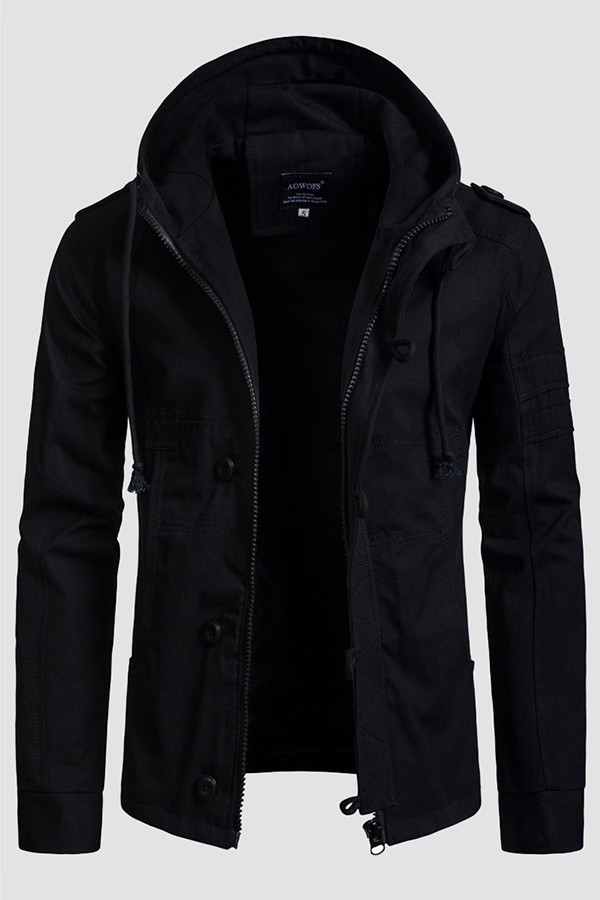 Black Fashion Casual Solid Draw String Buckle Hooded Collar Outerwear