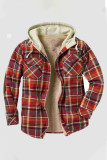 Red Casual Plaid Print Patchwork Buckle Hooded Collar Outerwear